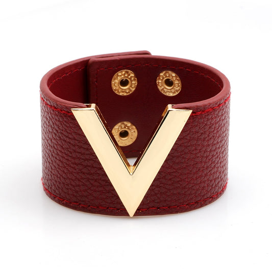 Genuine Leather Wide Wrap Bangle w V Shape Detail