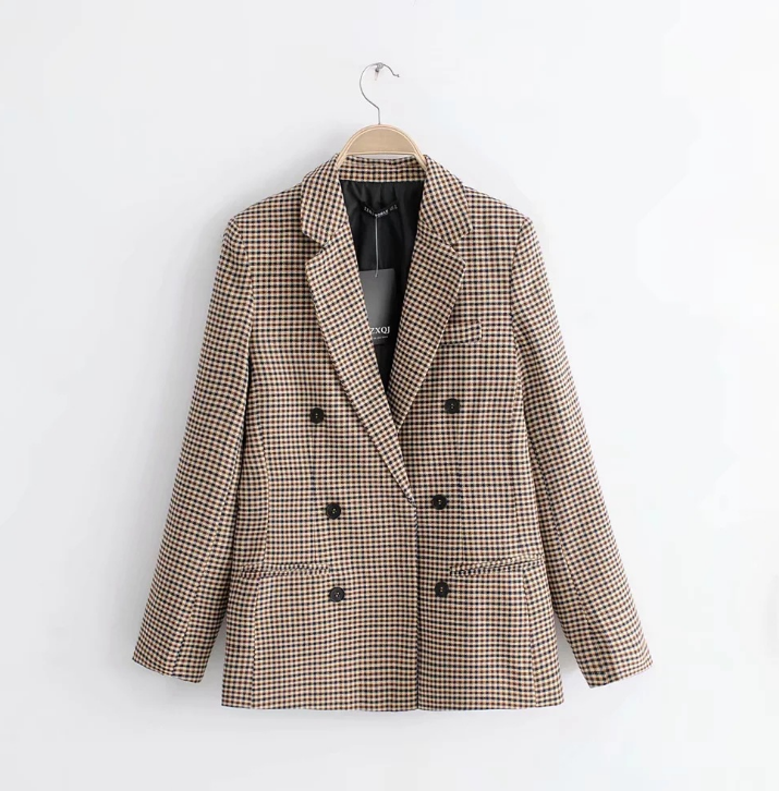 Brown Double Breasted Plaid Long Blazer