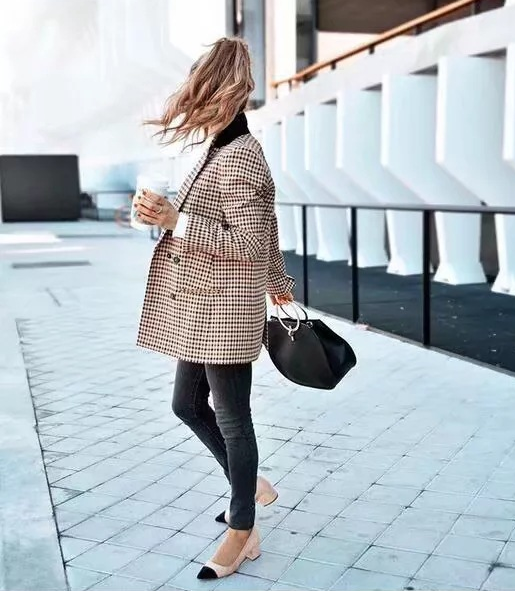 Brown Double Breasted Plaid Long Blazer