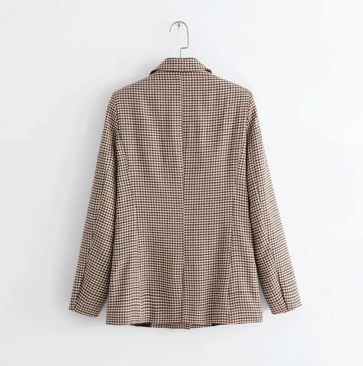 Brown Double Breasted Plaid Long Blazer