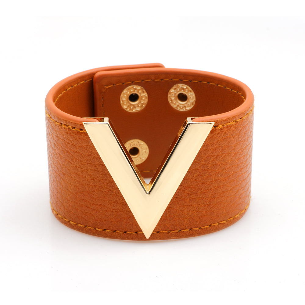 Genuine Leather Wide Wrap Bangle w V Shape Detail