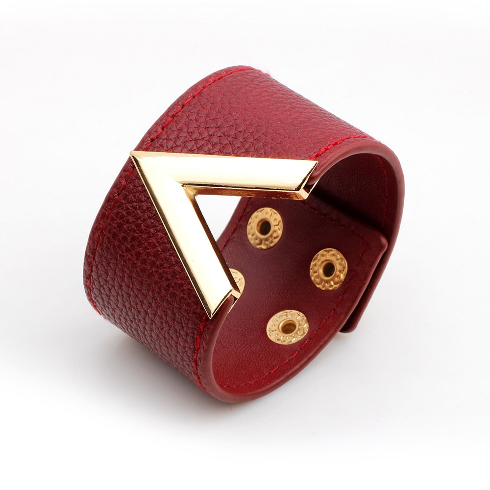 Genuine Leather Wide Wrap Bangle w V Shape Detail