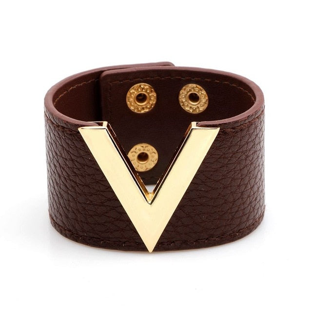 Genuine Leather Wide Wrap Bangle w V Shape Detail