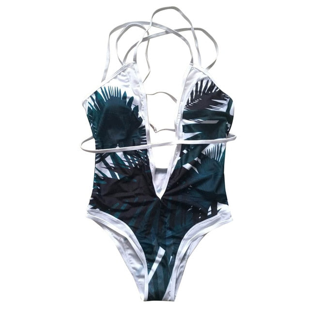 High Waisted Leaf Print Swim Suit