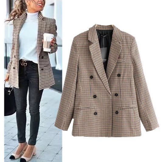 Brown Double Breasted Plaid Long Blazer