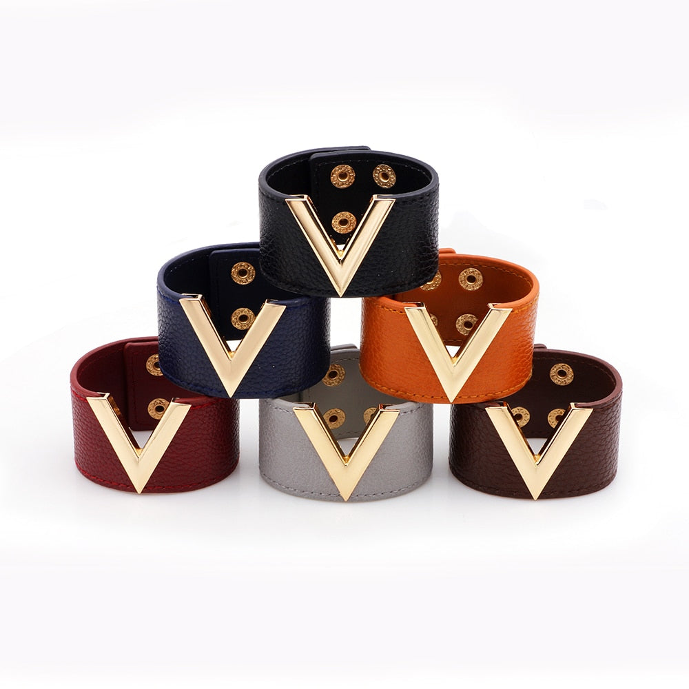 Genuine Leather Wide Wrap Bangle w V Shape Detail