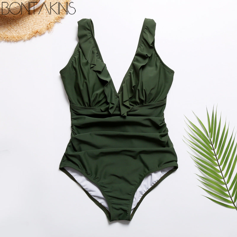 Army Green Ruffled Monokini