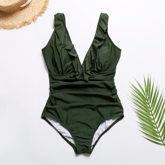 Army Green Ruffled Monokini