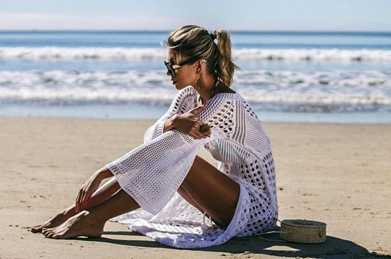 White Knitted Beach Cover