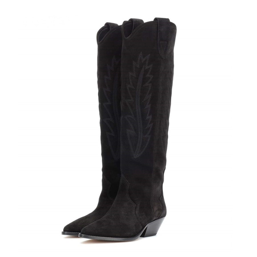 Western Suede Embroidered Knee High Boots