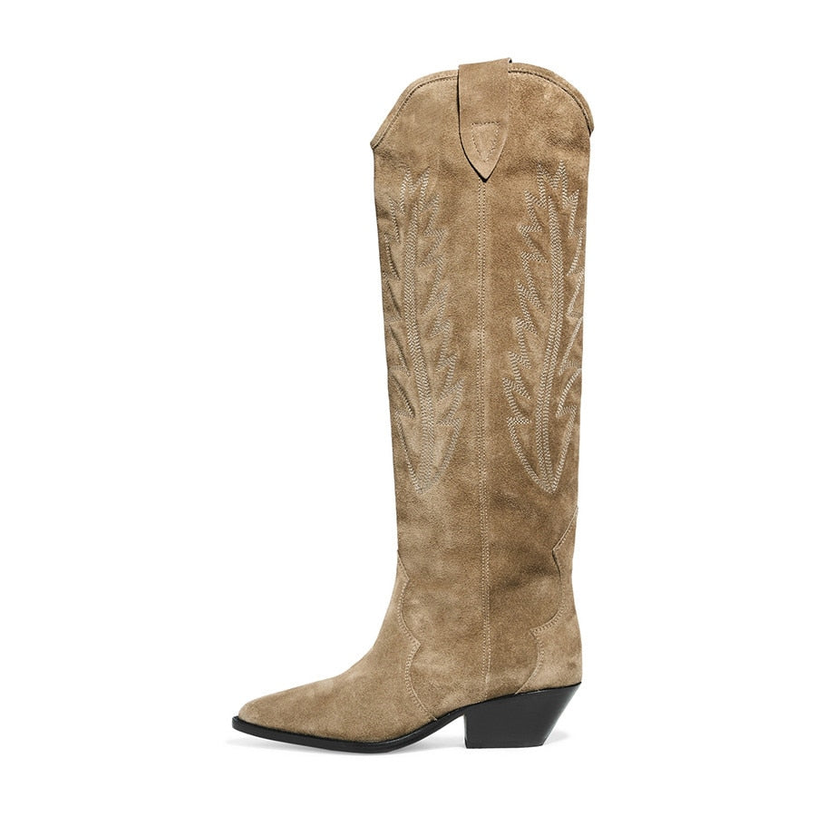 Western Suede Embroidered Knee High Boots