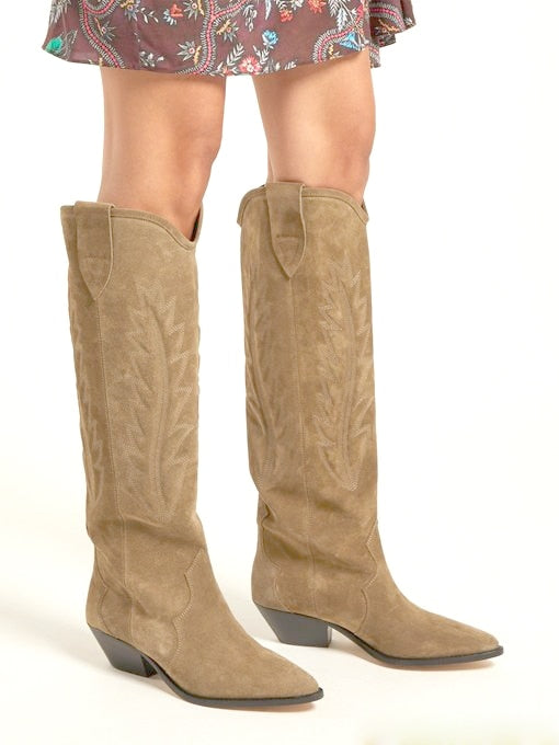 Western Suede Embroidered Knee High Boots