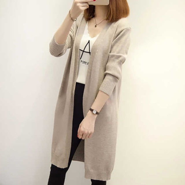 Women Autumn Loose Casual Sweater Cardigan Knitted Long Sleeve Cardigan Coat Long Solid Color Sweater