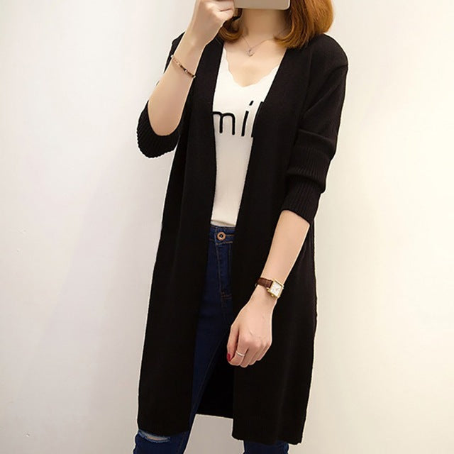 Women Autumn Loose Casual Sweater Cardigan Knitted Long Sleeve Cardigan Coat Long Solid Color Sweater