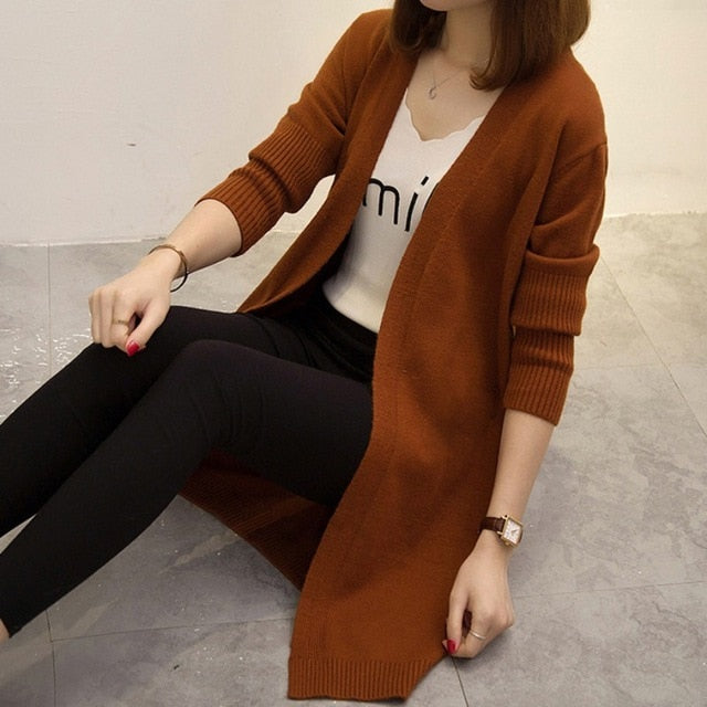 Women Autumn Loose Casual Sweater Cardigan Knitted Long Sleeve Cardigan Coat Long Solid Color Sweater