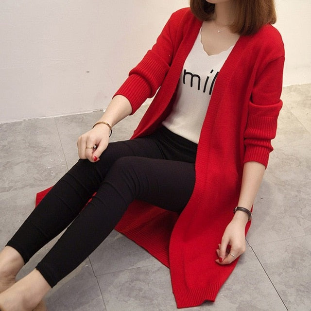 Women Autumn Loose Casual Sweater Cardigan Knitted Long Sleeve Cardigan Coat Long Solid Color Sweater