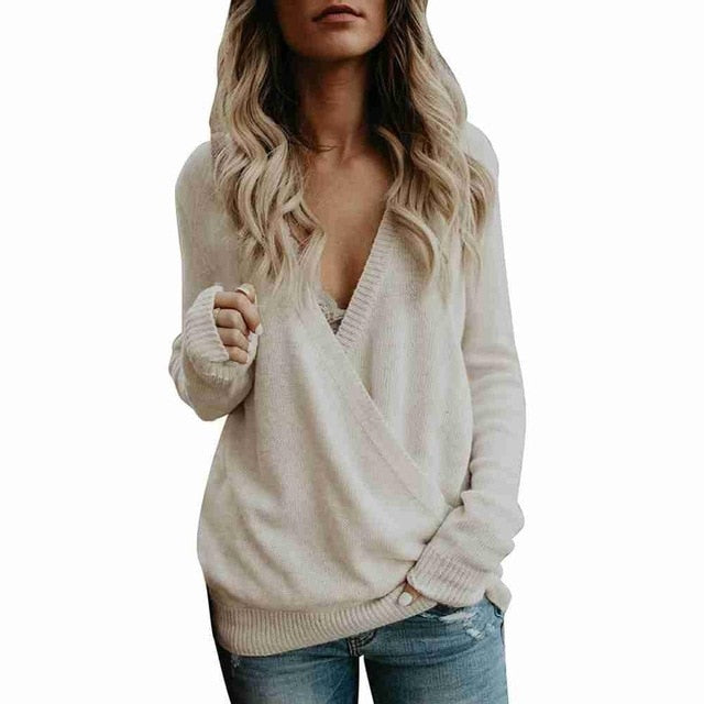 Kureas Women Jersey Sweater Long Sleeve Casual Pullovers Sexy Cross V Neck Winter Autumn Tops Threaded Patchwork