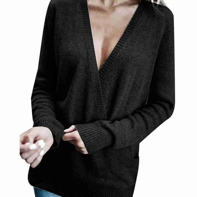 Kureas Women Jersey Sweater Long Sleeve Casual Pullovers Sexy Cross V Neck Winter Autumn Tops Threaded Patchwork