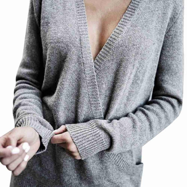 Kureas Women Jersey Sweater Long Sleeve Casual Pullovers Sexy Cross V Neck Winter Autumn Tops Threaded Patchwork