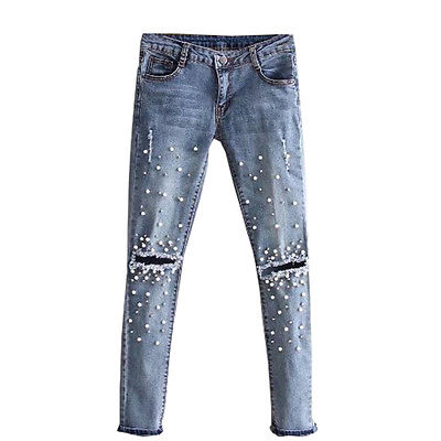 Distressed Pearled Pencil Jeans