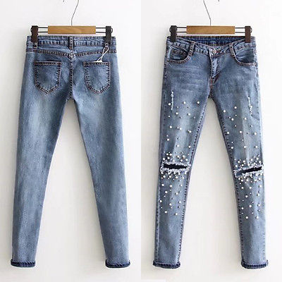 Distressed Pearled Pencil Jeans