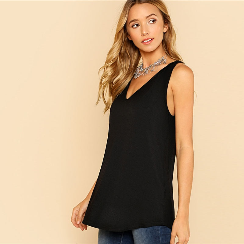 Black Asymmetrical V Neck Tank