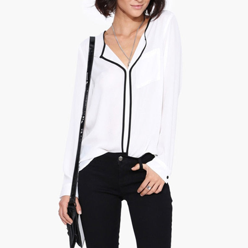 White Blouse with Black Trim  Long Sleeve Blouse