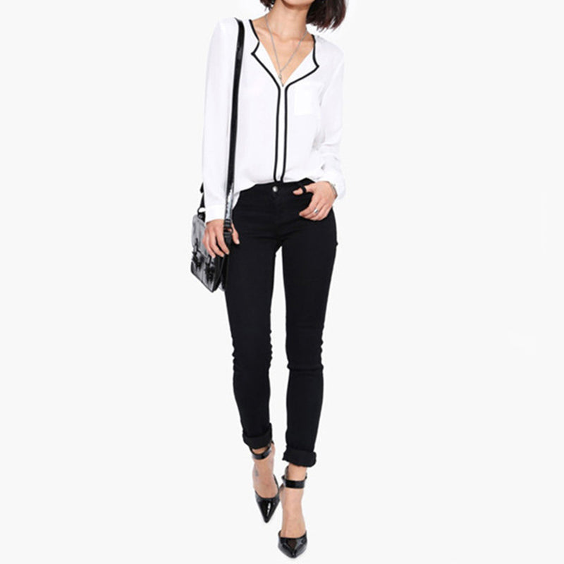 White Blouse with Black Trim  Long Sleeve Blouse