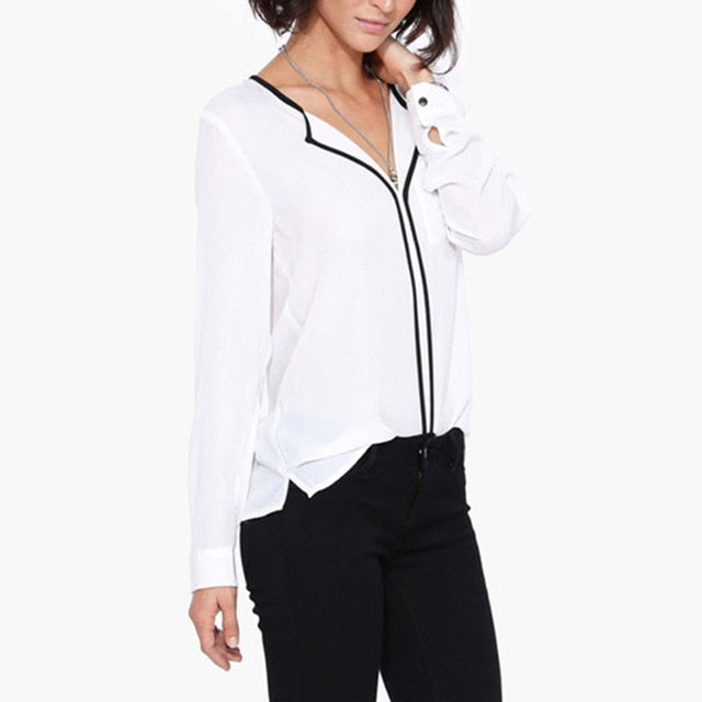 White with Black Trim Long Sleeve Blouse –