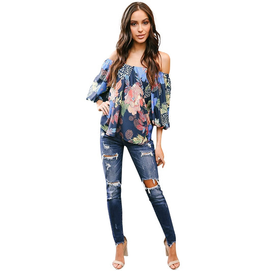 Y-Korean Fashion Womens Blouses and Tops Casual Loose Off Shoulder Tops Floral Print Draped Blouse Shirts Casual Tops female tunic