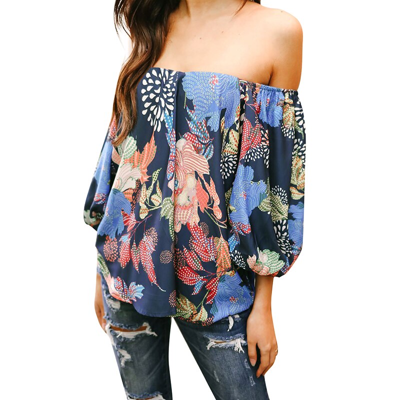 Y-Korean Fashion Womens Blouses and Tops Casual Loose Off Shoulder Tops Floral Print Draped Blouse Shirts Casual Tops female tunic