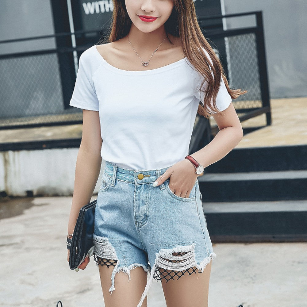 Summer Women T-Shirt Off-The-Shoulder Short Sleeve Solid Slim Casual Tunic Top Tees Black/White