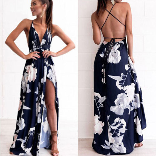 Navy Floral Backless Maxi