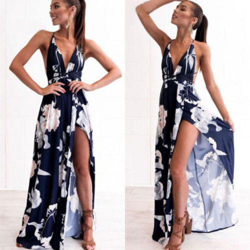 Navy Floral Backless Maxi