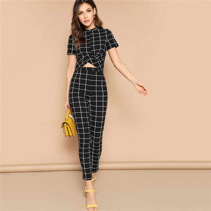 SHEIN Black Cross Wrap Front Grid Crop Top And Pants Matching Set Women Spring Skinny Elegant Short Sleeve Plaid Two Piece Set