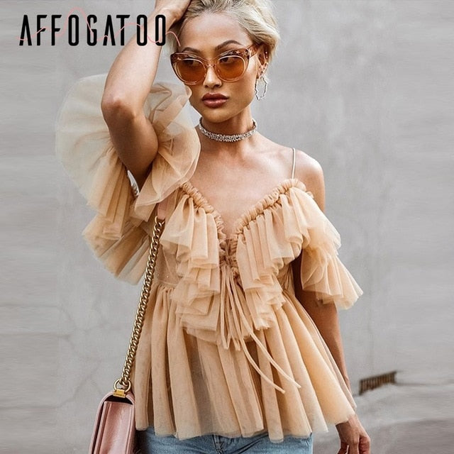 Pleated Vintage Ruffle Sleeveless Blouse