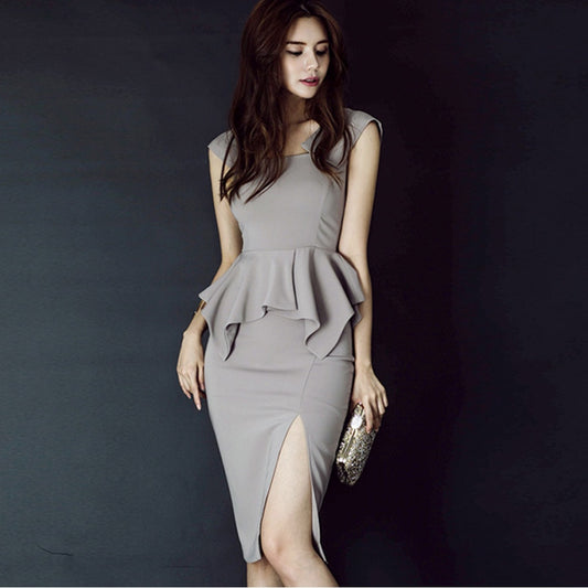 Gray Waist Ruffles Sleeveless  Sheath Career Dress Women