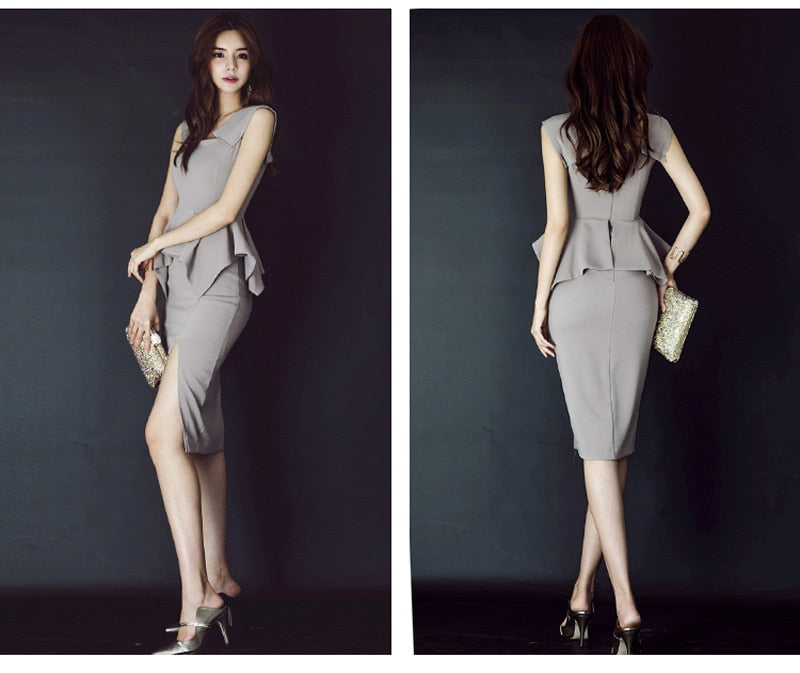 Gray Waist Ruffles Sleeveless  Sheath Career Dress Women