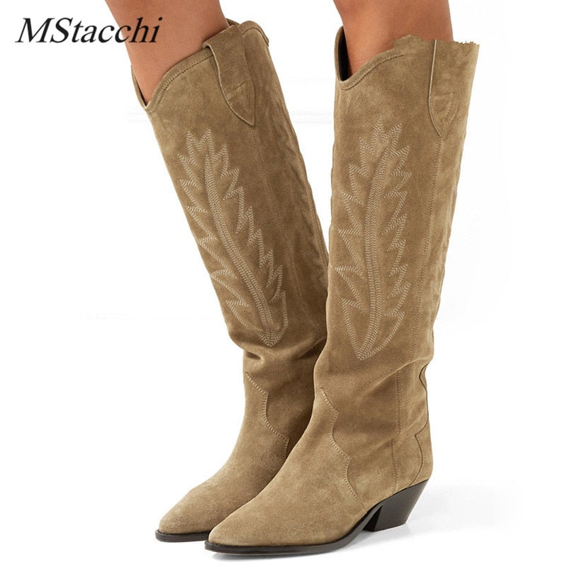 Western Suede Embroidered Knee High Boots