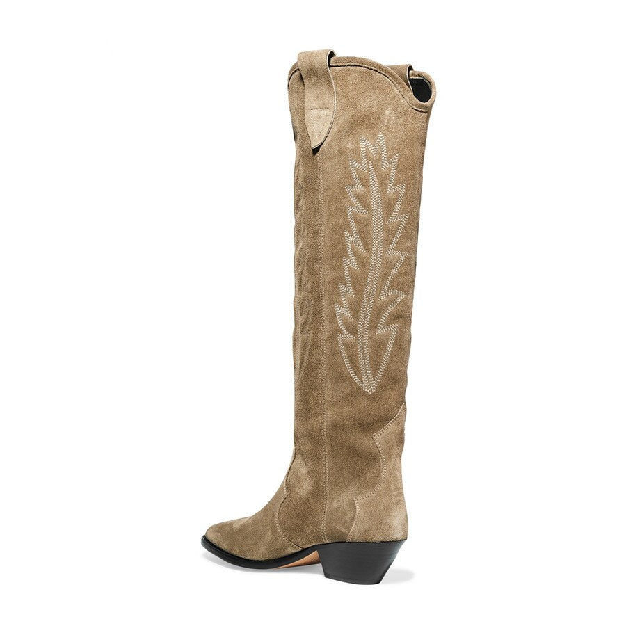 Western Suede Embroidered Knee High Boots