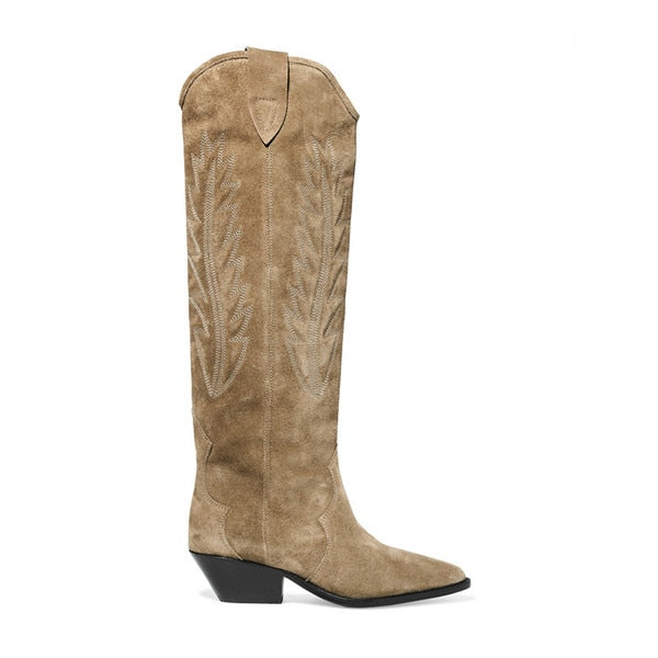 Western Suede Embroidered Knee High Boots