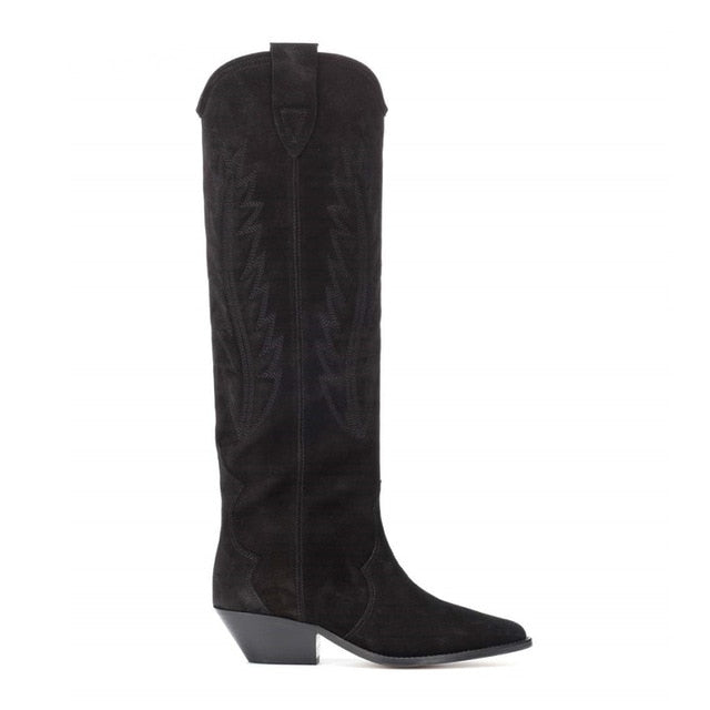 Western Suede Embroidered Knee High Boots