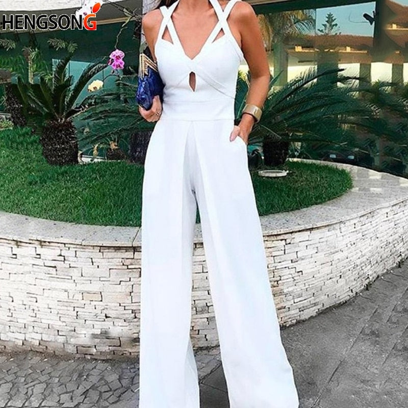 White Sleeveless Halter Jumpsuit